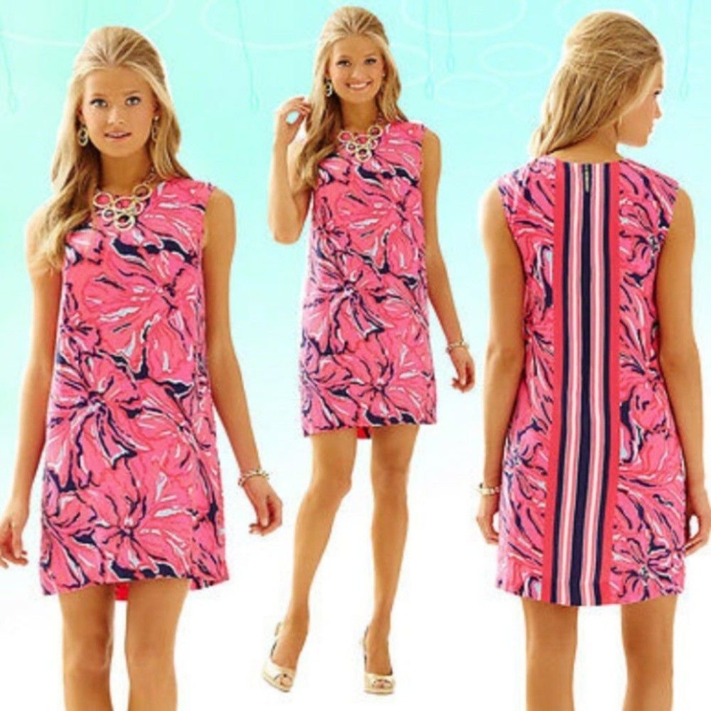 Lilly Pulitzer Iona Bright Navy Pink Flirty Engineered Flowy Shift Dress Small